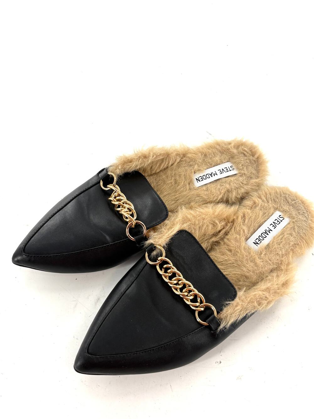 Steve Madden Foreseen Faux Fur Lined Mules 9.5 Black Vegan Leather Gold Chain